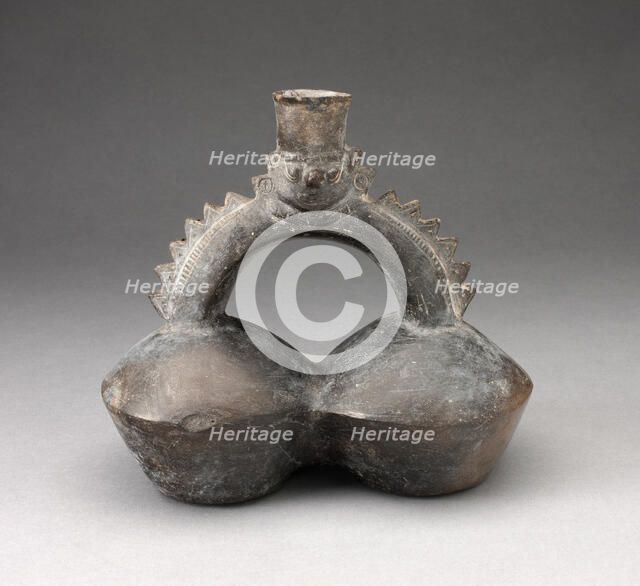 Double-Chambered Vessel with Serrated Stirrup Spout in Form of Human Head, A.D. 1200/1450. Creator: Unknown.