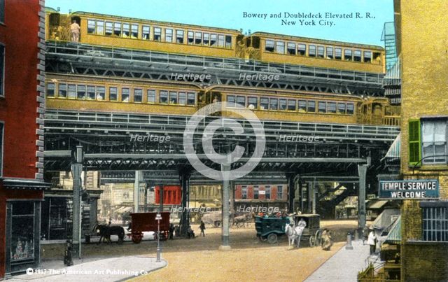 Double deck railway, the Bowery, New York City, New York, USA, 1916. Artist: Unknown