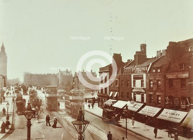 Double-decker electric trams on Westminster Bridge, London, 1906. Artist: Unknown.