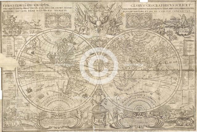 Double hemisphere map of the World, 1707. Artist: Kiprianov, Vasily Anufrievich (1669-after 1723)