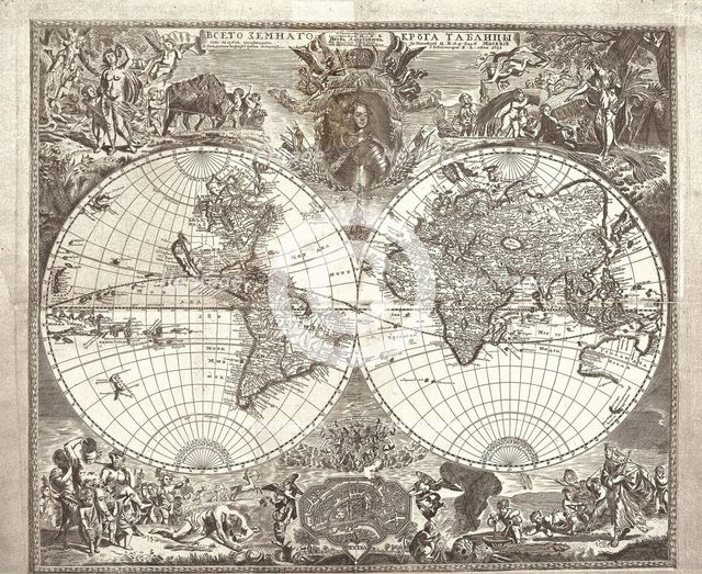 Double hemisphere map of the World, 1713. Artist: Kiprianov, Vasily Anufrievich (1669-after 1723)