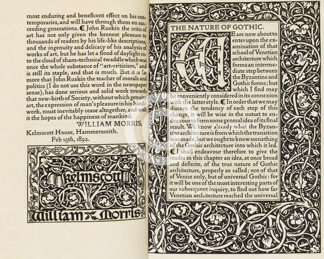 Double page from the book "The Nature of Gothic" by John Ruskin, 1892. Creator: Morris, William (1834-1896).