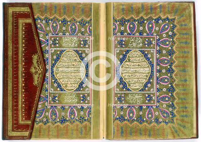 Double page spread from a Koran with marginal floral decoration, Turkish, 1855. Artist: Unknown