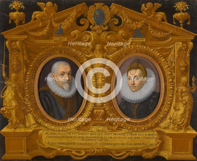Double portrait Jacopo Menochio and his wife, Margherita Candiana, in a trompe l'oeil frame, 1606. Creator: Galizia, Fede (1578-1630).