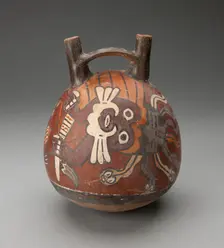 Double Spout and Bridge Vessel Depicting Costumed Performer with Snake Headdress, 180 BC/AD 500. Creator: Unknown