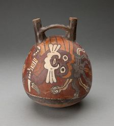 Double Spout and Bridge Vessel Depicting Costumed Performer with Snake Headdress, 180 BC/AD 500. Creator: Unknown