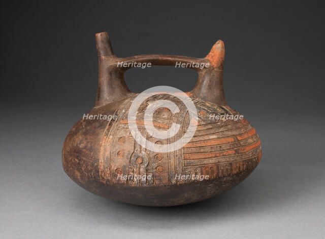 Double Spout and Bridge Vessel Depicting Incised and Painted Abstract Feline Face, 650/150 B.C. Creator: Unknown.