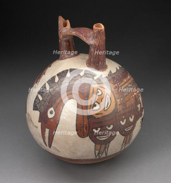 Double Spout Bridge Vessel Depicting Long-Necked, Crested Bird with..., 180 BC/AD 500. Creator: Unknown.