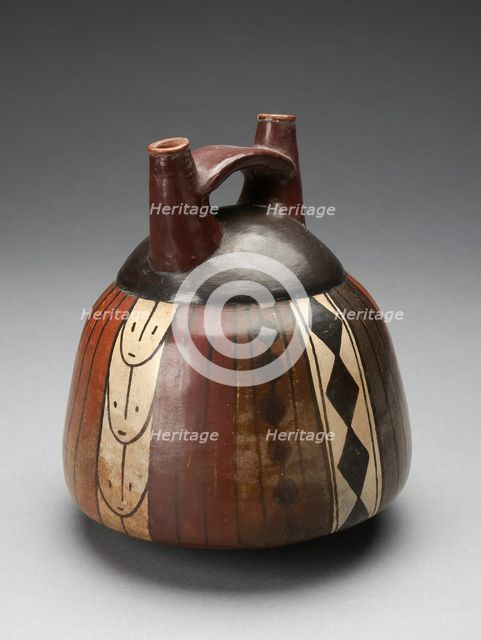 Double Spout Vessel with Vertical Bands of Geometric Motifs, 180 B.C./A.D. 500. Creator: Unknown.