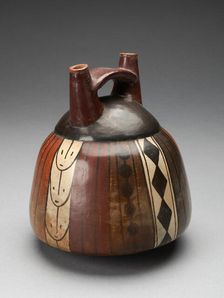 Double Spout Vessel with Vertical Bands of Geometric Motifs, 180 B.C./A.D. 500. Creator: Unknown