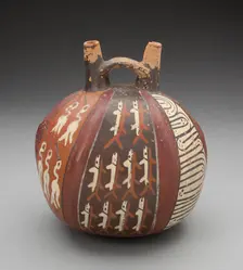 Double Spout Vessel with Vertical Bands Depicting Fish, Birds, and Geometric Motifs, 180 B.C./A.D. 5 Creator: Unknown