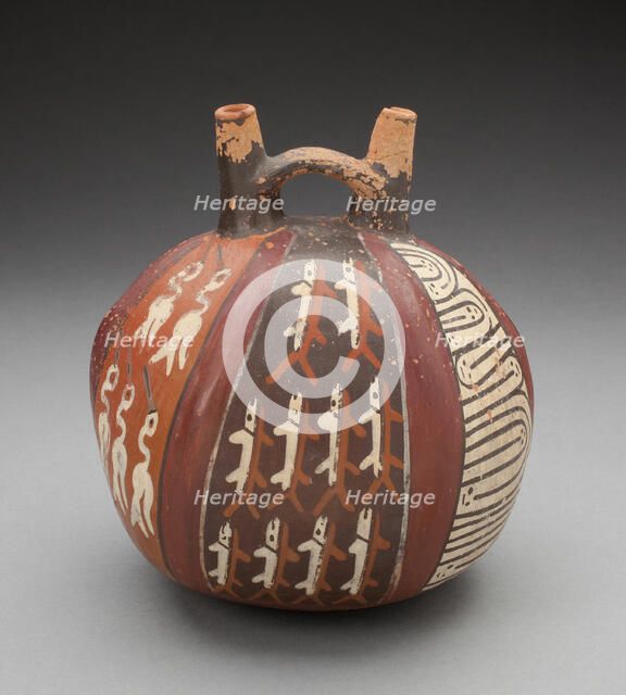 Double Spout Vessel with Vertical Bands Depicting Fish, Birds, and Geometric Motifs, 180 B.C./A.D. 5 Creator: Unknown.