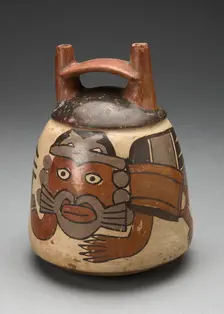 Double Spout Vessel Depicting Costumed Figure with Bird Attributes, Holding a Staff, 180 B.C./A.D. 5 Creator: Unknown