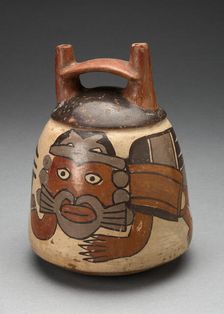 Double Spout Vessel Depicting Costumed Figure with Bird Attributes, Holding a Staff, 180 B.C./A.D. 5 Creator: Unknown