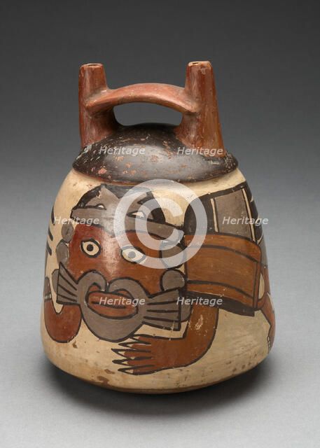 Double Spout Vessel Depicting Costumed Figure with Bird Attributes, Holding a Staff, 180 B.C./A.D. 5 Creator: Unknown.