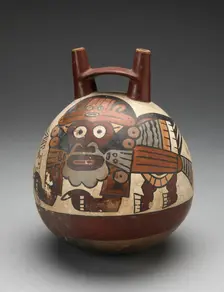 Double Spout Vessel Depicting Costumed Figure with Bird Attributes, Holding a Staff, 180 B.C./A.D. 5 Creator: Unknown