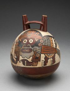 Double Spout Vessel Depicting Costumed Figure with Bird Attributes, Holding a Staff, 180 B.C./A.D. 5 Creator: Unknown