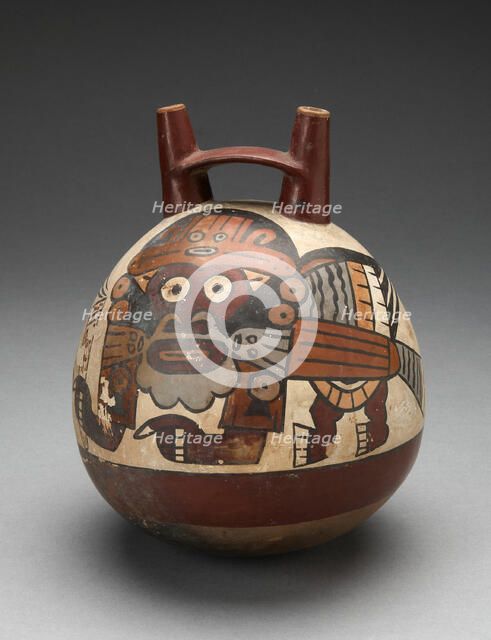 Double Spout Vessel Depicting Costumed Figure with Bird Attributes, Holding a Staff, 180 B.C./A.D. 5 Creator: Unknown.
