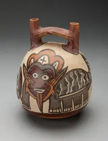 Double Spout Vessel Depicting Costumed Figure with Feline Attributes, 180 B.C./A.D. 500. Creator: Unknown