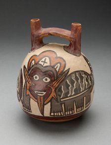 Double Spout Vessel Depicting Costumed Figure with Feline Attributes, 180 B.C./A.D. 500. Creator: Unknown