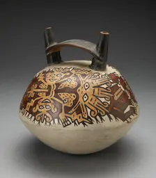 Double Spout Vessel Depicting Costumed Figure with Intricate Abstract Mask, 180 B.C./A.D. 500. Creator: Unknown