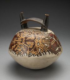 Double Spout Vessel Depicting Costumed Figure with Intricate Abstract Mask, 180 B.C./A.D. 500. Creator: Unknown