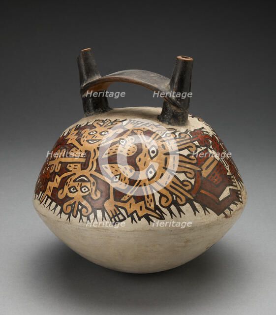 Double Spout Vessel Depicting Costumed Figure with Intricate Abstract Mask, 180 B.C./A.D. 500. Creator: Unknown.