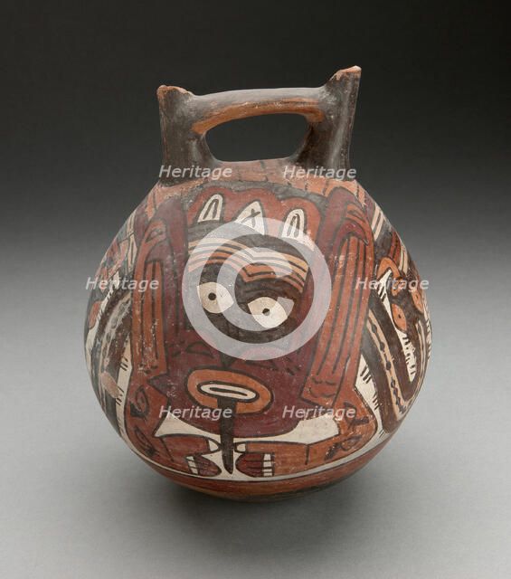 Double Spout Vessel Depicting Costumed Figure with Tattoos and Serpent Attributes, 180 B.C./A.D. 500 Creator: Unknown.
