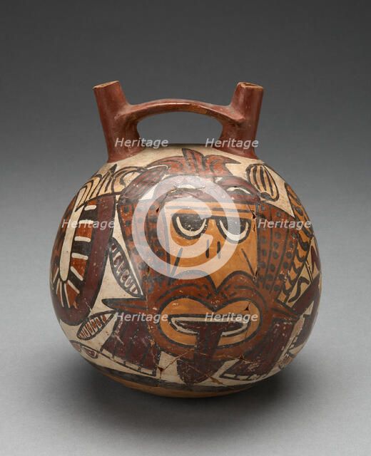 Double Spout Vessel Depicting Figure Costumed as Pampas Cat with Bean Motifs, 180 B.C./A.D. 500. Creator: Unknown.