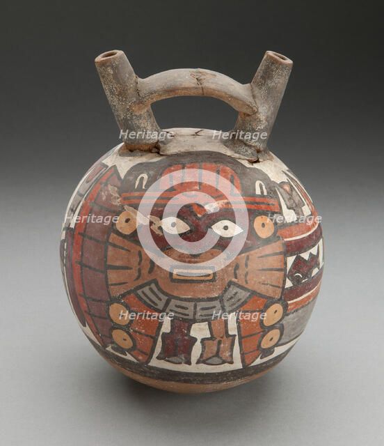 Double Spout Vessel Depicting Masked Performer with Fertility Motifs, 180 B.C./A.D. 500. Creator: Unknown.