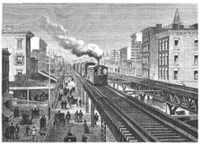 Double way overhead railway, circulating by the Seventh Avenue in New - York, engraving 1872