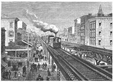 Double way overhead railway, circulating by the Seventh Avenue in New - York, engraving 1872