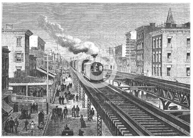Double way overhead railway, circulating by the Seventh Avenue in New - York, engraving 1872.