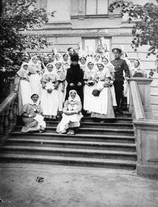 Dowager Empress Maria Feodorovna of Russia with nurses outside a hospital, Russia, 1916
