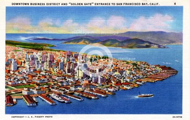 Downtown business district and 'Golden Gate' entrance to San Francisco Bay, California, USA, 1932. Artist: Unknown