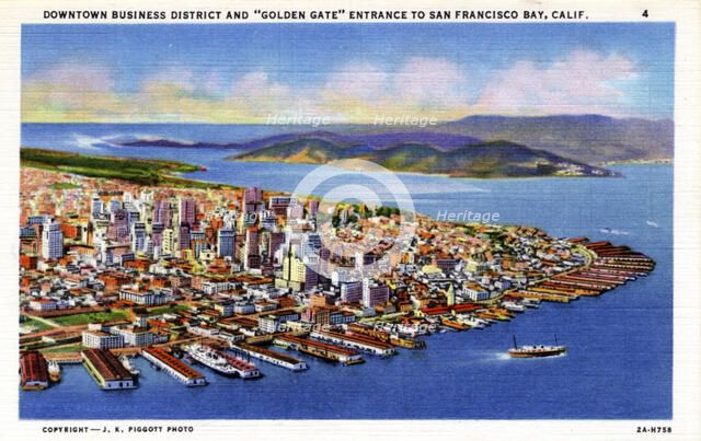 Downtown business district and 'Golden Gate' entrance to San Francisco Bay, California, USA, 1932. Artist: Unknown