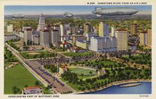 Downtown Miami from an airliner overlooking part of Bayfront Park, Florida, USA, 1933