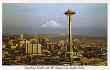 Downtown Seattle and Mount Rainier from the Seattle Center, Washington, USA, 1963