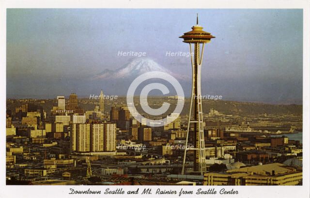 Downtown Seattle and Mount Rainier from the Seattle Center, Washington, USA, 1963. Artist: Unknown