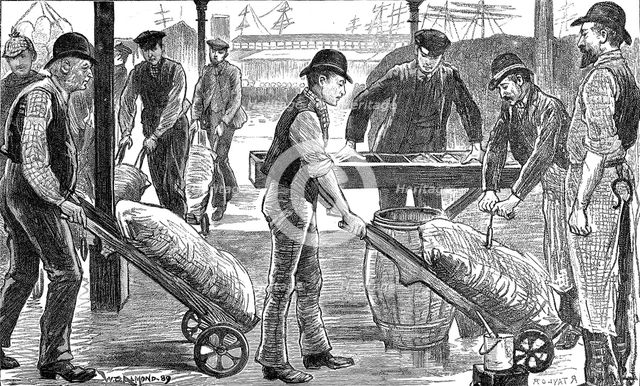 Dockers unloading sugar at West India Docks, London, 1889. Creator: Unknown.