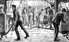 Dockers unloading tea in London Docks, 1889. Creator: Unknown