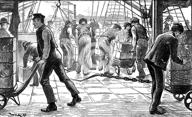 Dockers unloading tea in London Docks, 1889. Creator: Unknown.