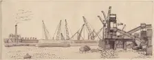 Docks on the River Thames in London, 1951. Creator: Shirley Markham