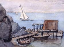 Dock with shed, boats. (c1860s). Creator: Fritz von Dardel