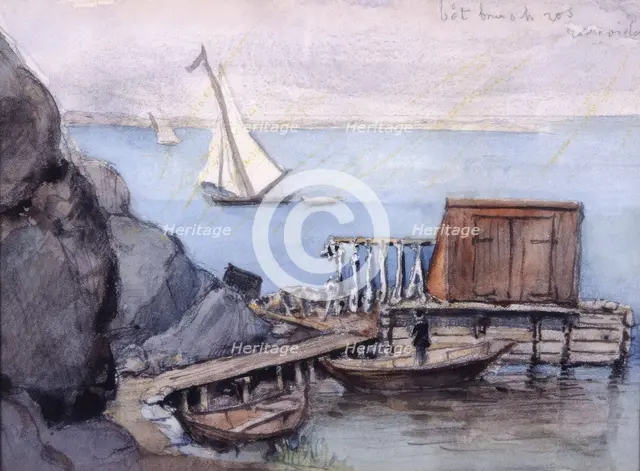 Dock with shed, boats. (c1860s). Creator: Fritz von Dardel.