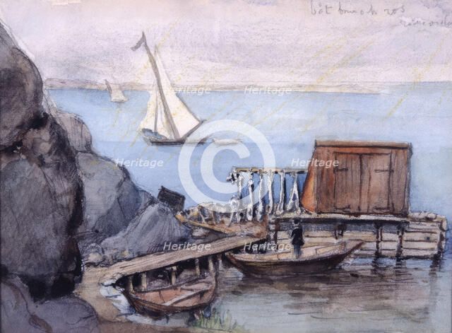 Dock with shed, boats. (c1860s). Creator: Fritz von Dardel.