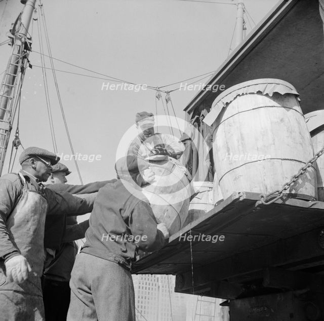 Dock worker at the Fulton fish market loading fish that have been caught..., New York, 1943. Creator: Gordon Parks.