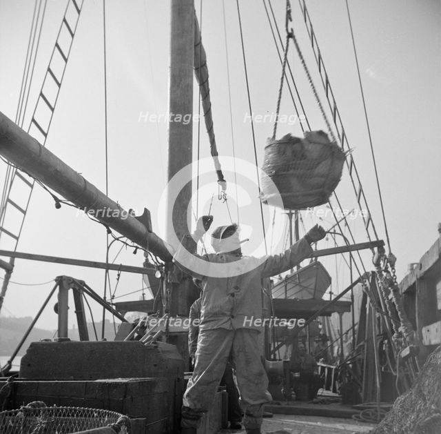 Dock stevedores at the Fulton fish market sending up baskets of fish from the..., New York, 1943. Creator: Gordon Parks.