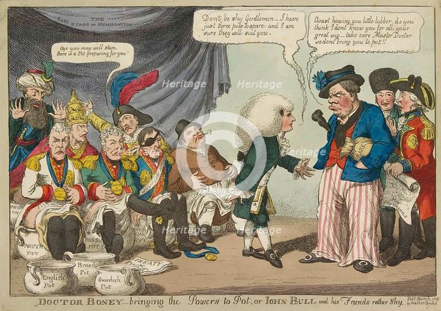 Doctor Boney_bringing the Powers to Pot ..., 1808 (hand coloured engraving). Creator: English School (19th Century).