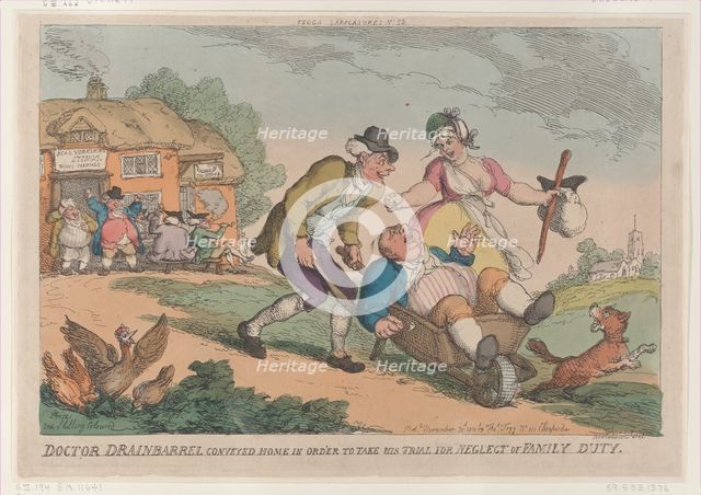 Doctor Drainbarrel Conveyed Home in order to Take His Trial for Neglect of Fa..., November 30, 1810. Creator: Thomas Rowlandson.